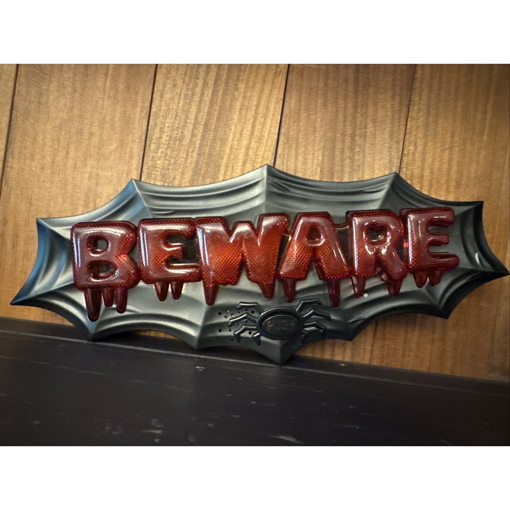 Vintage Halloween Light Up "BEWARE" Sign black and red 12 x 5"